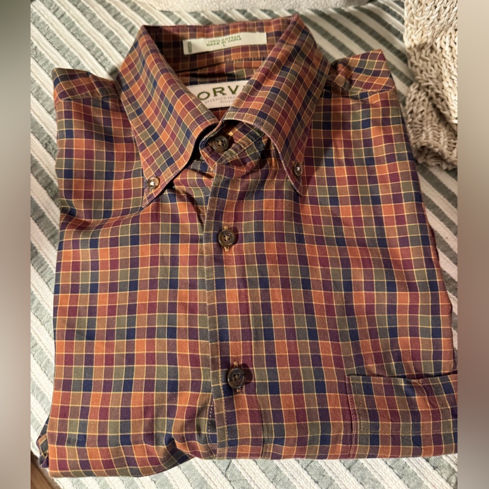 NWOT Orvis Men's Traditional Fit Lg Casual Plaid Shirt - Brown, green, burgundy